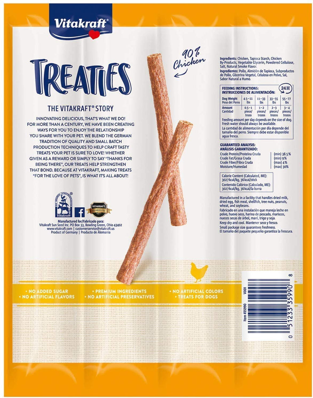 Vitakraft Treaties smoked chicken sticks close-up showing real chicken first ingredient