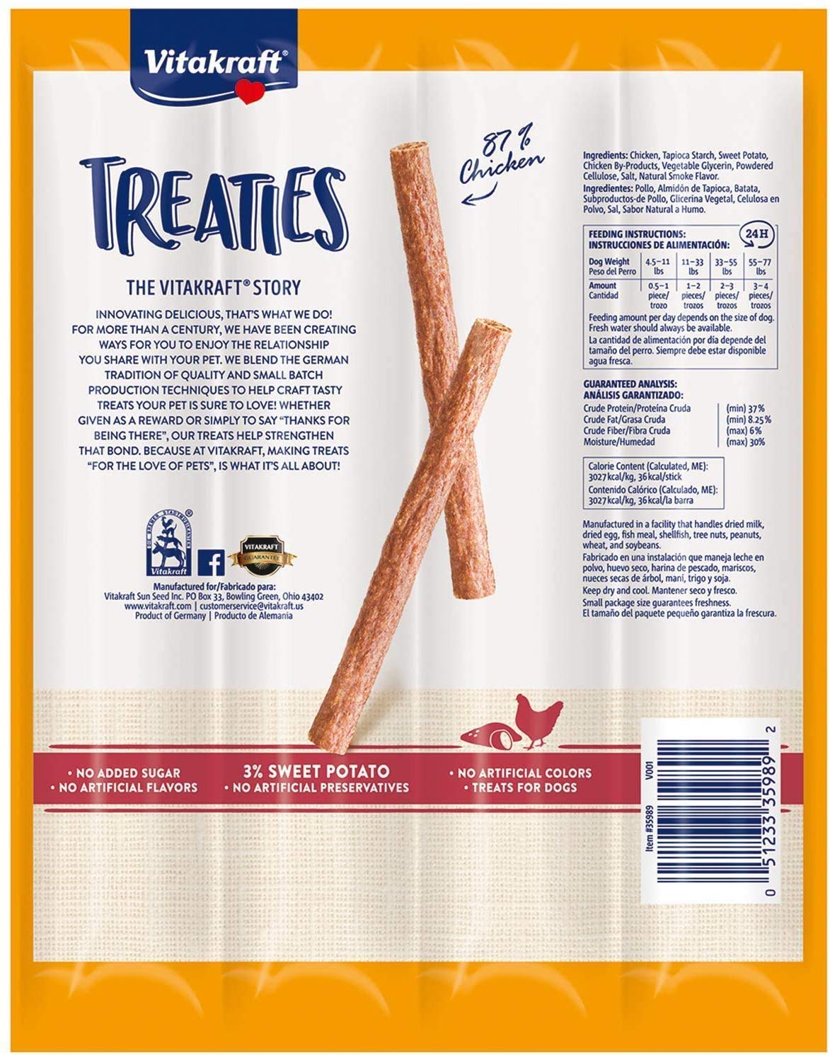 Vitakraft Treaties: hearty smoked chicken sticks with sweet potato for training moments.