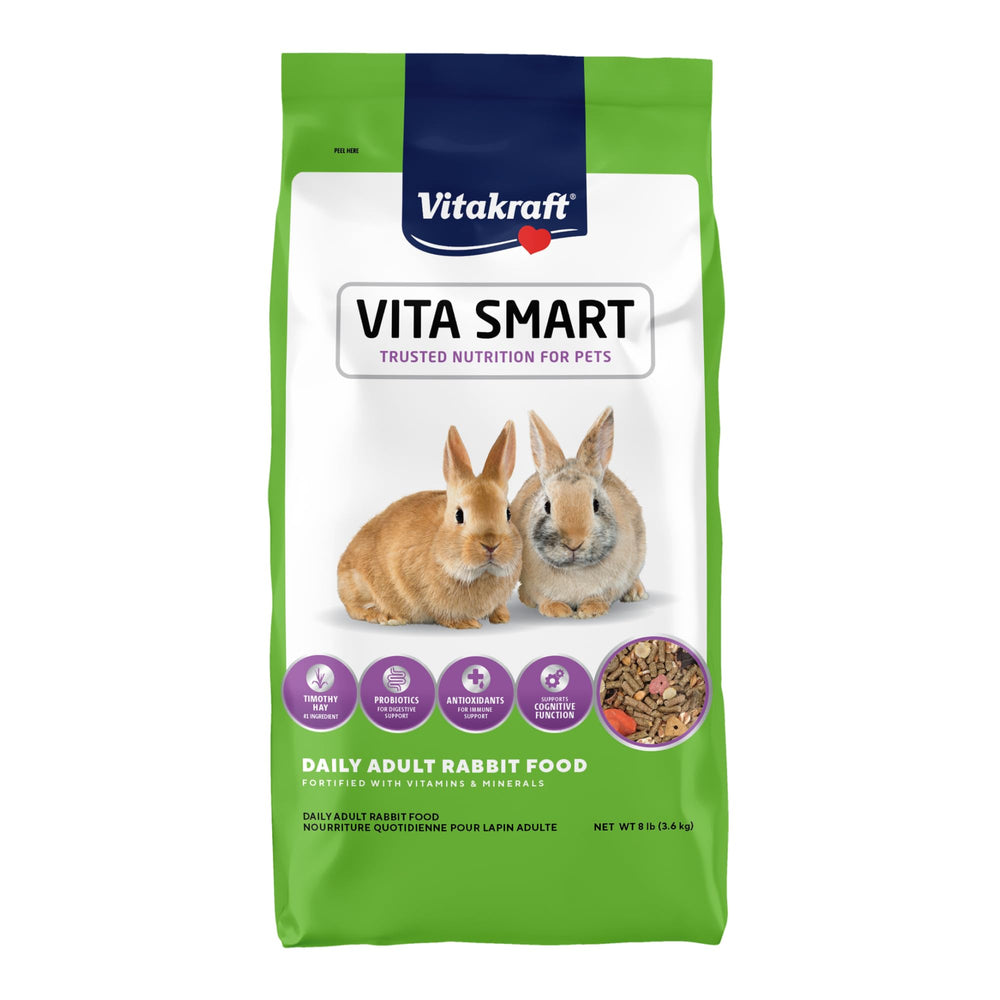 Vitakraft VitaSmart bag close-up with timothy hay base for daily rabbit nutrition