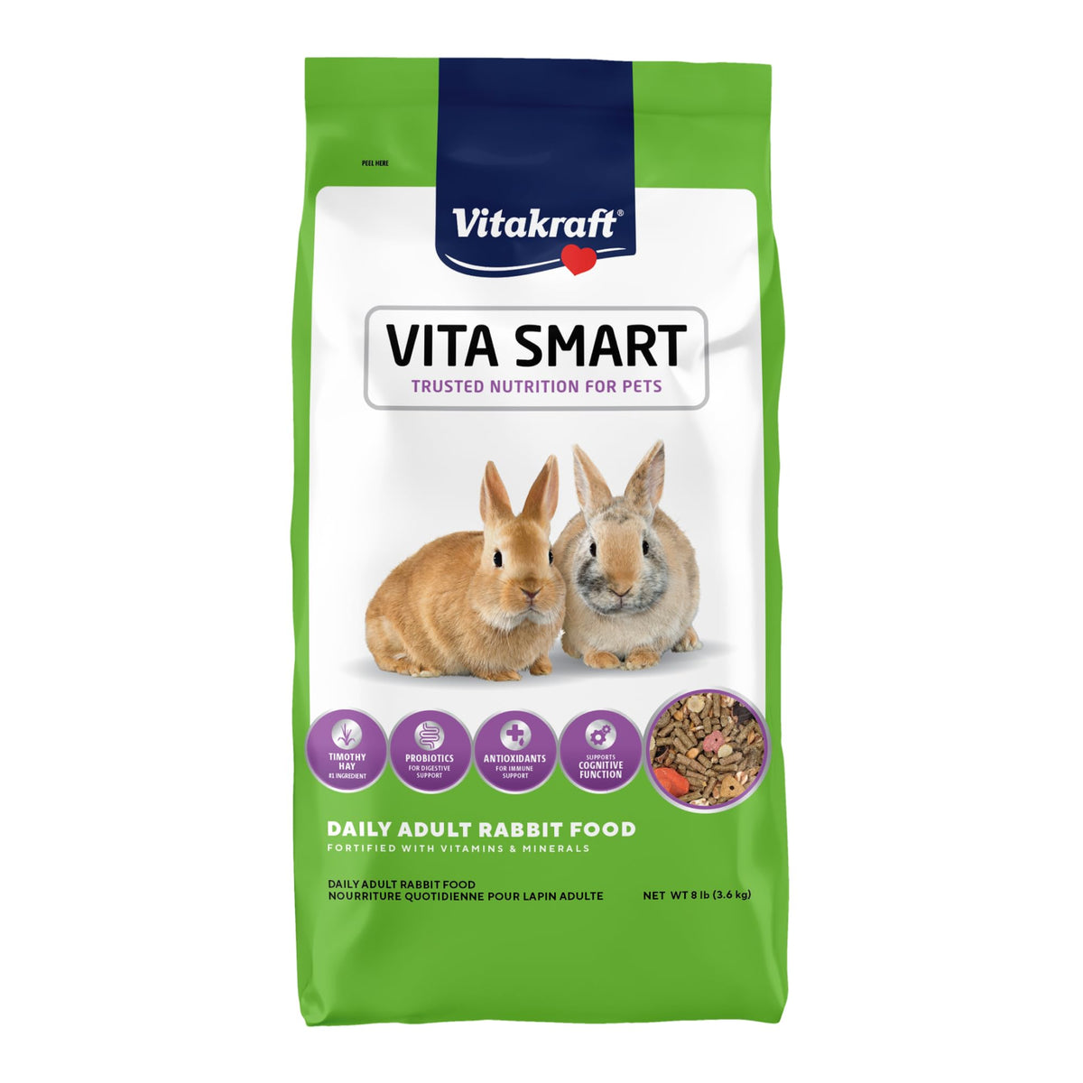Vitakraft VitaSmart bag close-up with timothy hay base for daily rabbit nutrition