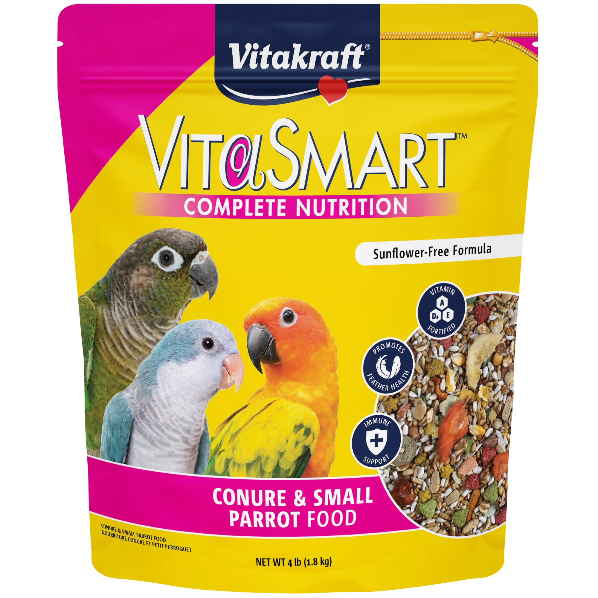 Vitakraft VitaSmart conure and small parrot food 4-lb bag on display for fresh daily nutrition.