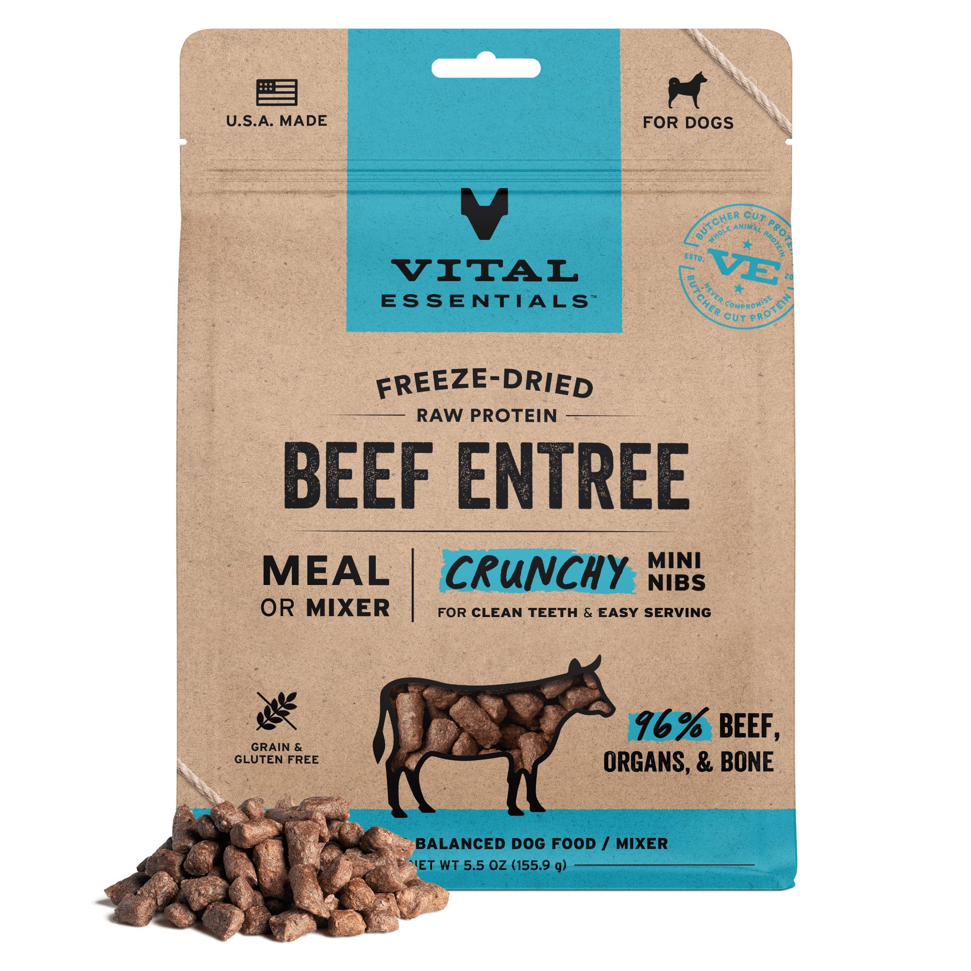 Vital Essentials beef crunchy nibs in a bowl offer a protein-packed meal option