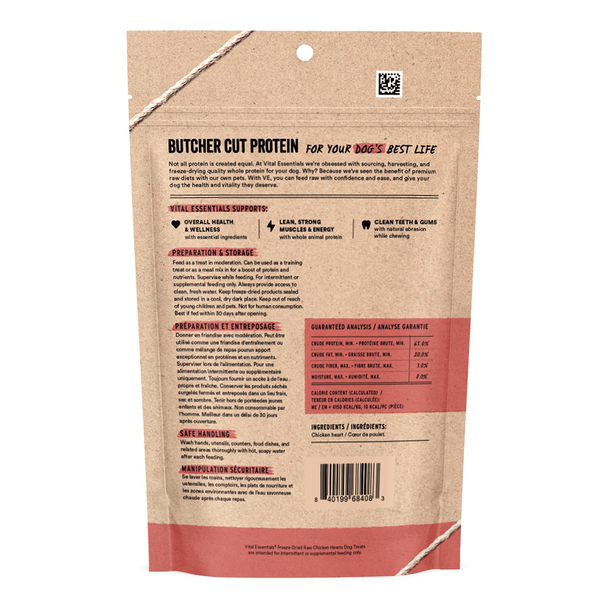 Vital Essentials chicken hearts treat close-up, single-ingredient nutrition for active dogs.