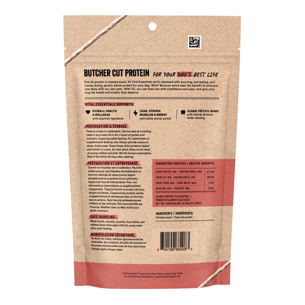 Vital Essentials chicken hearts treat close-up, single-ingredient nutrition for active dogs.
