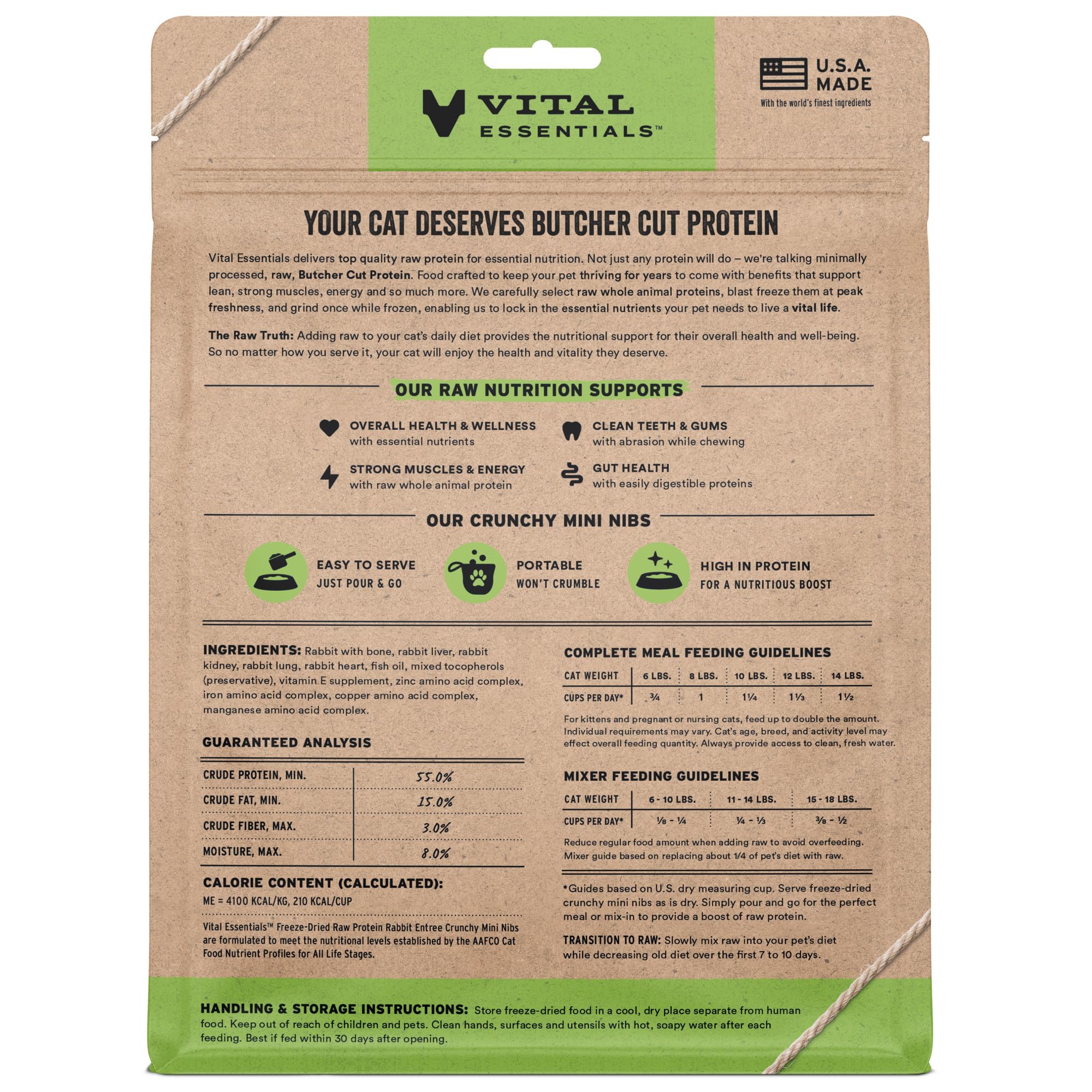 Vital Essentials crunchy rabbit nibs close-up showing texture appetizing to cats.