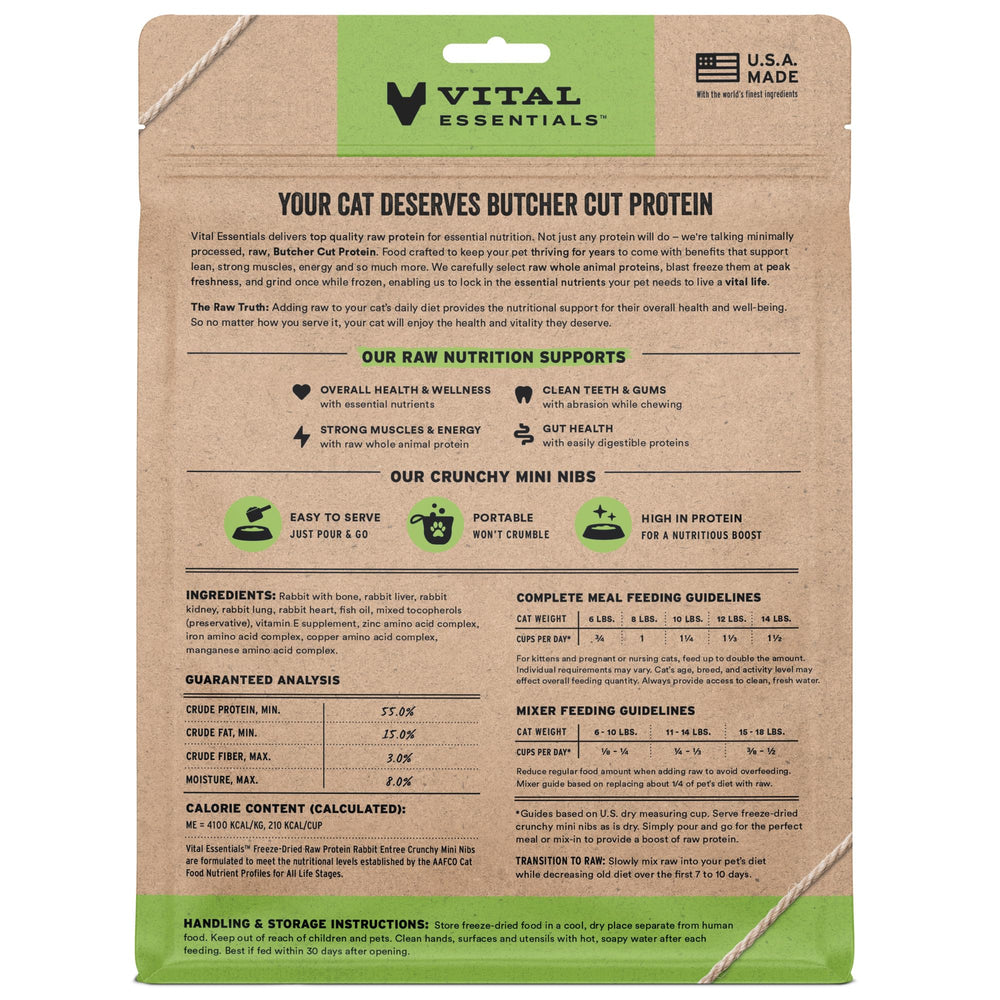 Vital Essentials crunchy rabbit nibs close-up showing texture appetizing to cats.