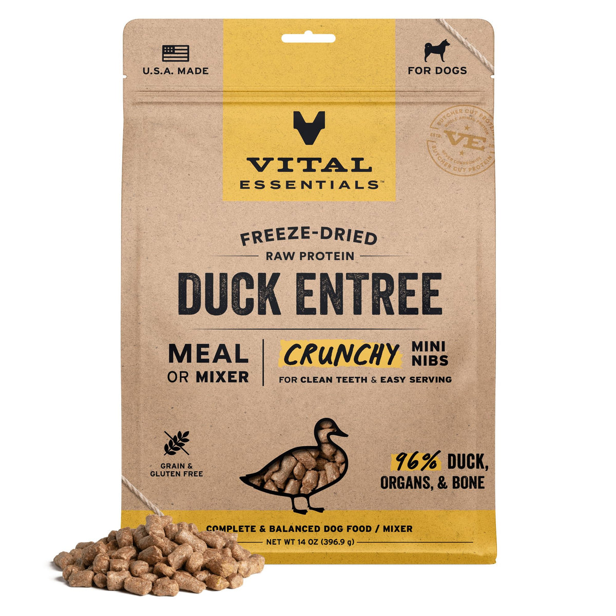 Vital Essentials duck crunchy mini-nibs bag, high-protein freeze-dried meal option for dogs.