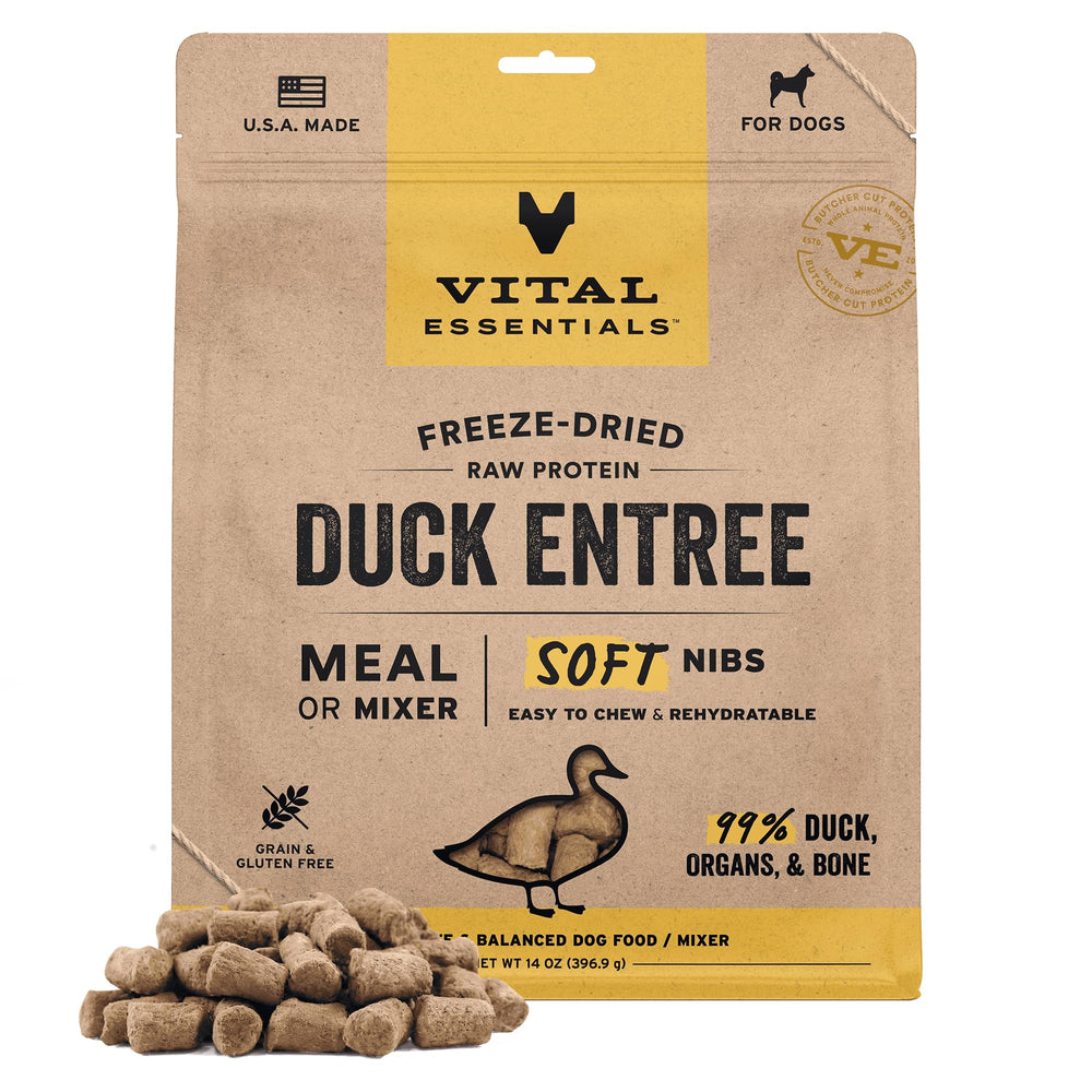Vital Essentials Duck Soft Nibs bowl: a protein-rich option dogs may enjoy at mealtime