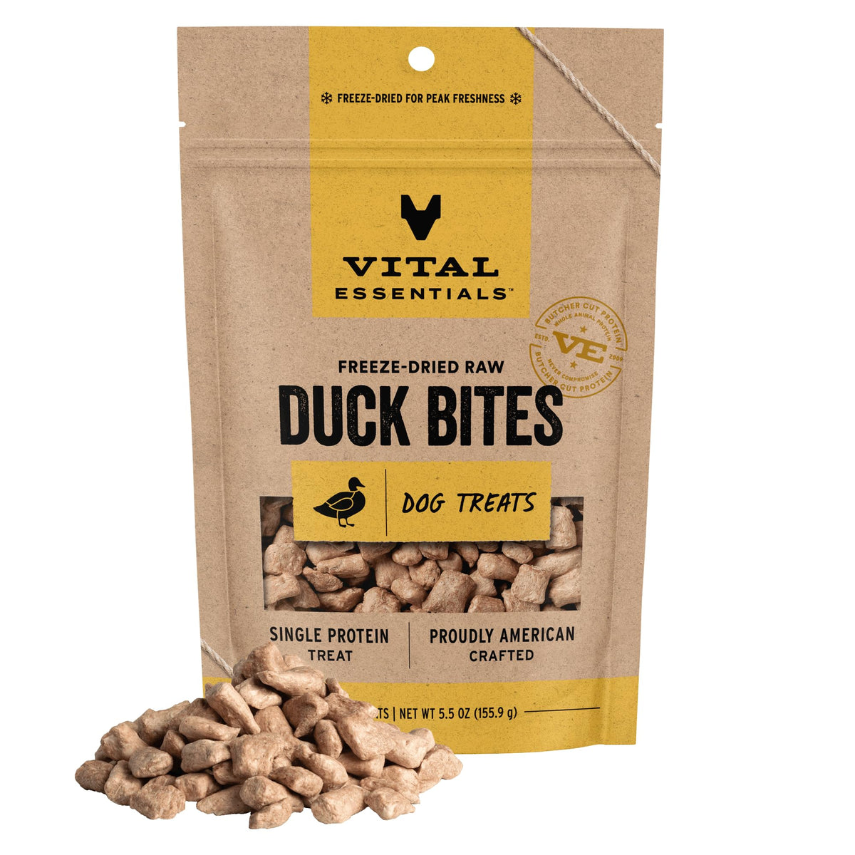 Vital Essentials duck treats bag front highlights single-protein formula for focused training