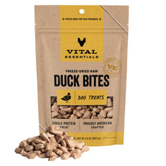 Vital Essentials duck treats bag front highlights single-protein formula for focused training