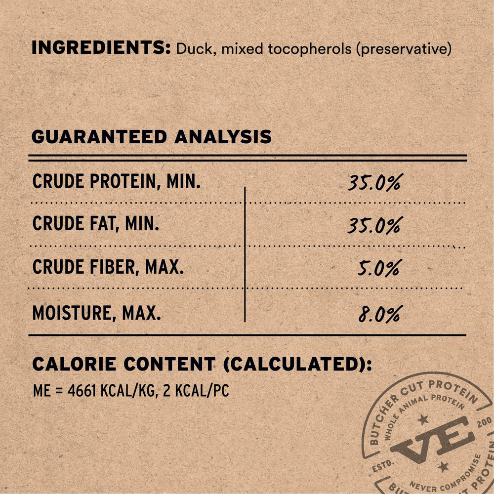 Vital Essentials duck treats single-protein closeup emphasizing peak freshness from freeze drying