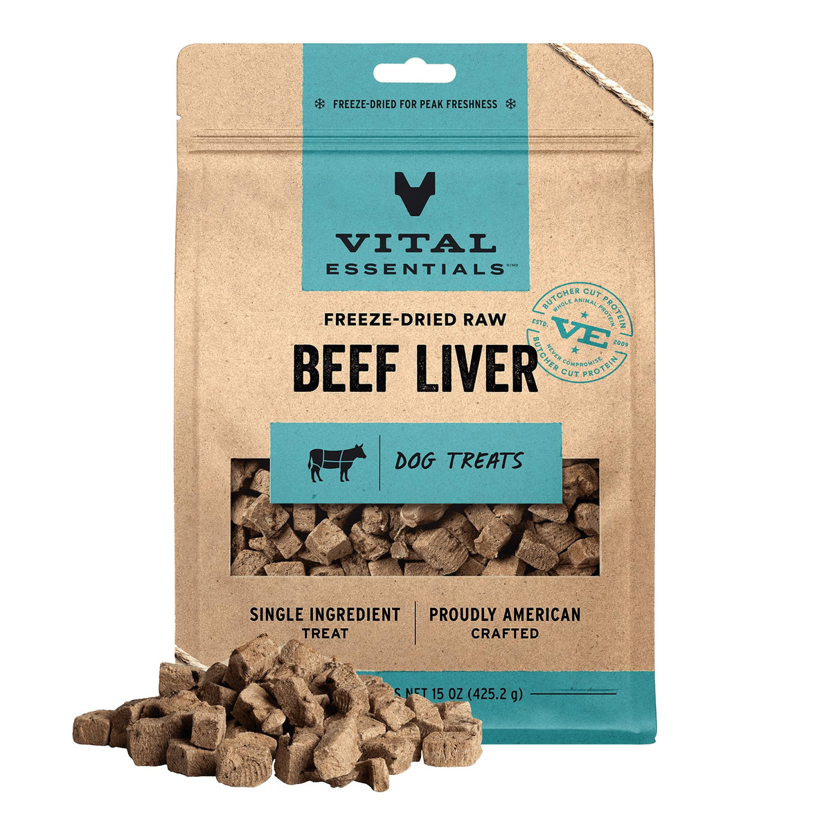Vital Essentials freeze-dried beef liver treat close-up, high-protein bite for active dogs.