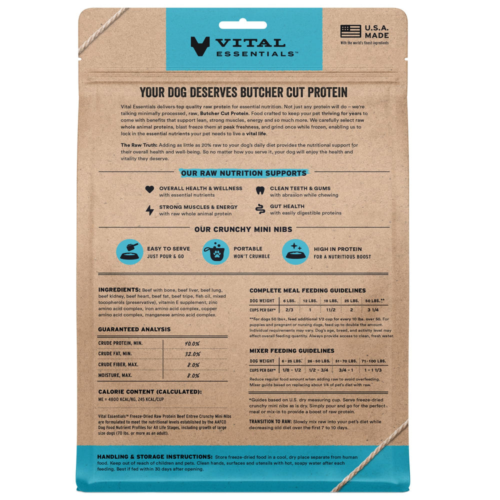 Vital Essentials beef nibs close-up showing crunchy texture and lean protein