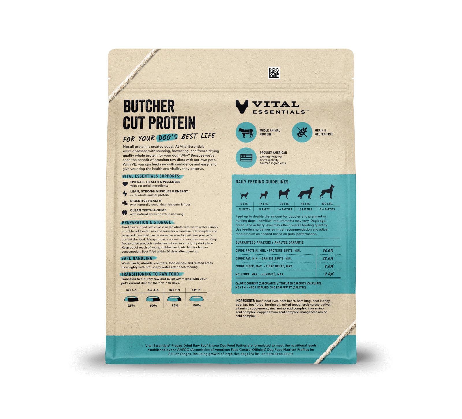 Vital Essentials freeze-dried beef patties closeup highlighting premium protein source