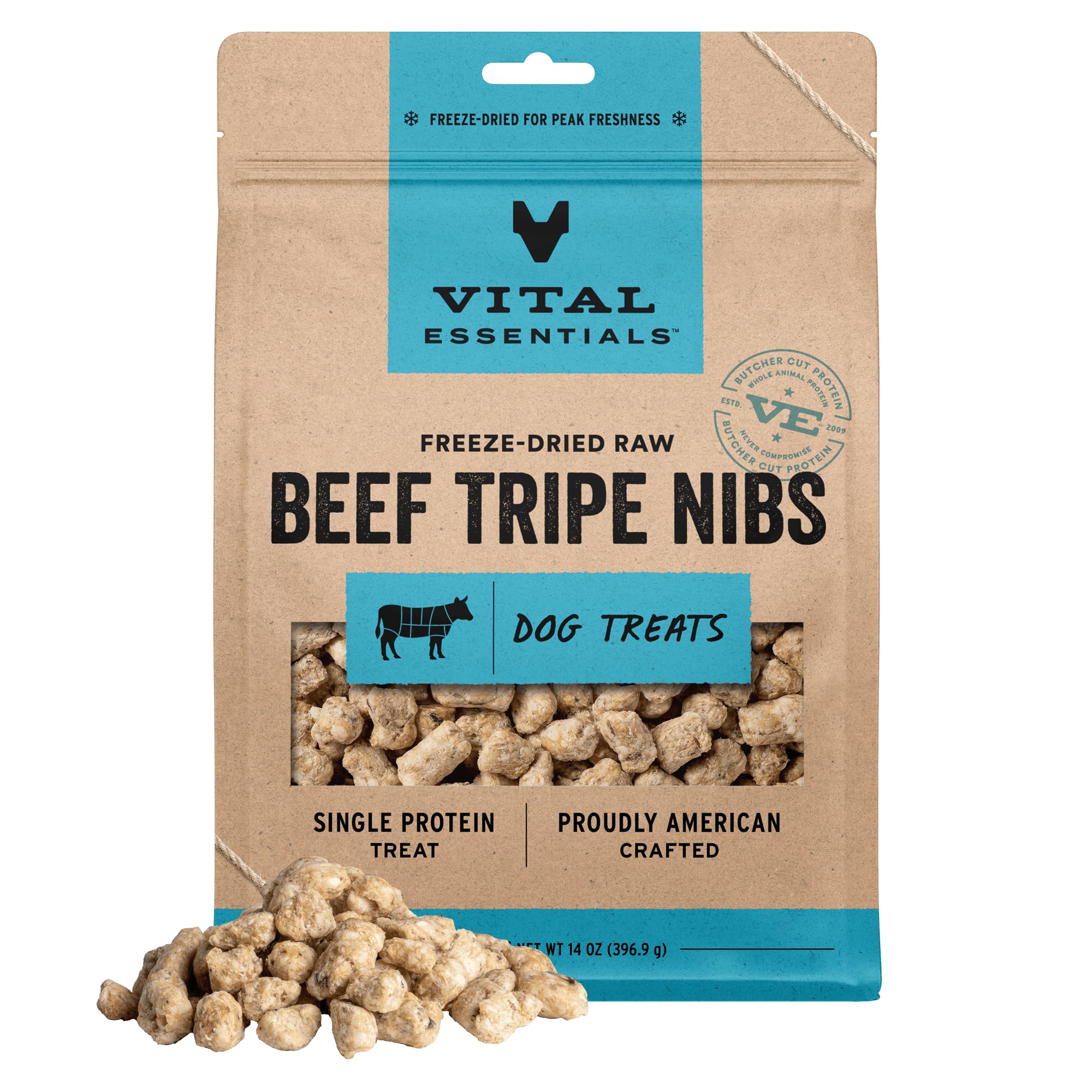 Vital Essentials beef tripe nibs in a 14-oz bag, ready for training rewards.