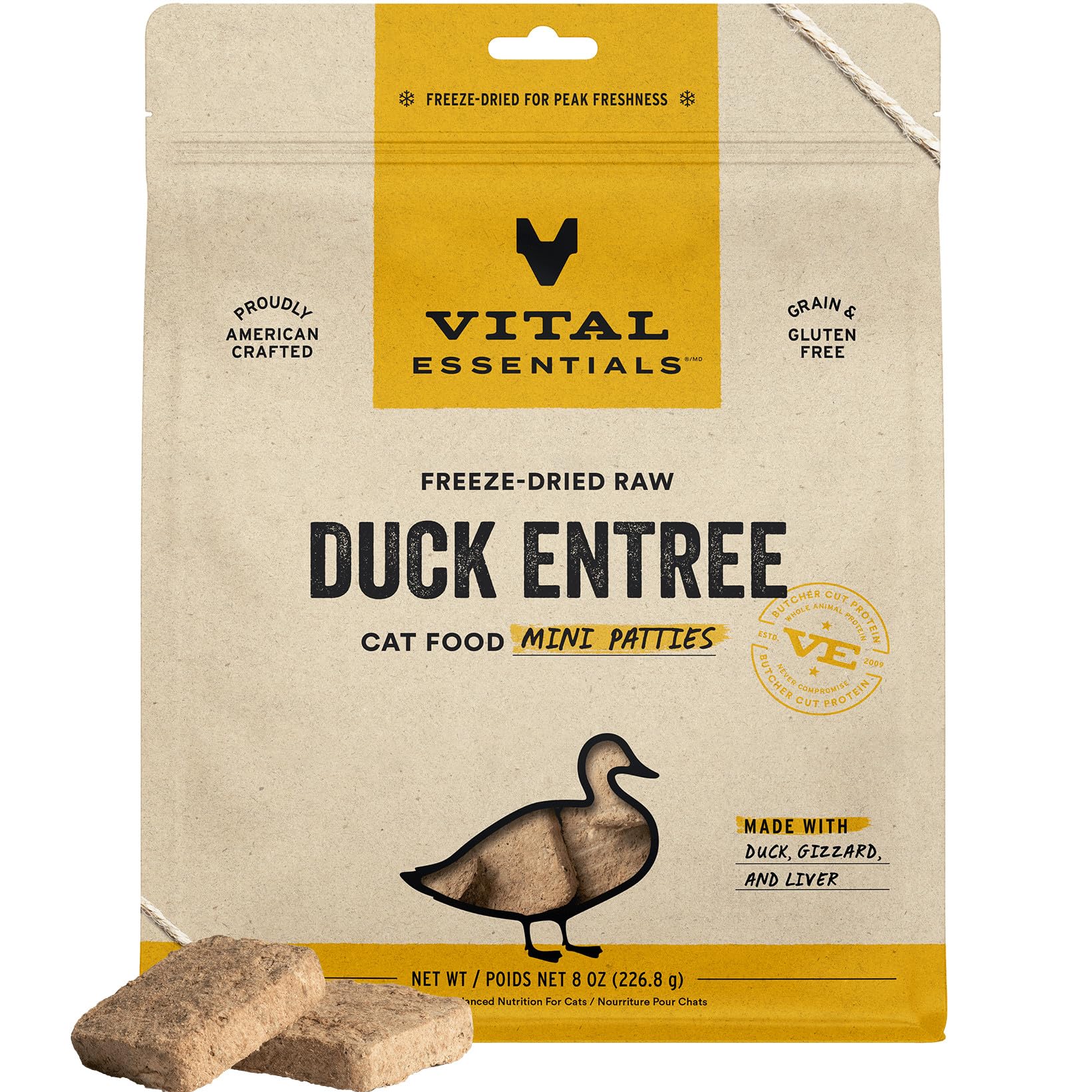 Vital Essentials freeze-dried duck patties packaging enables easy portioning for quick meals