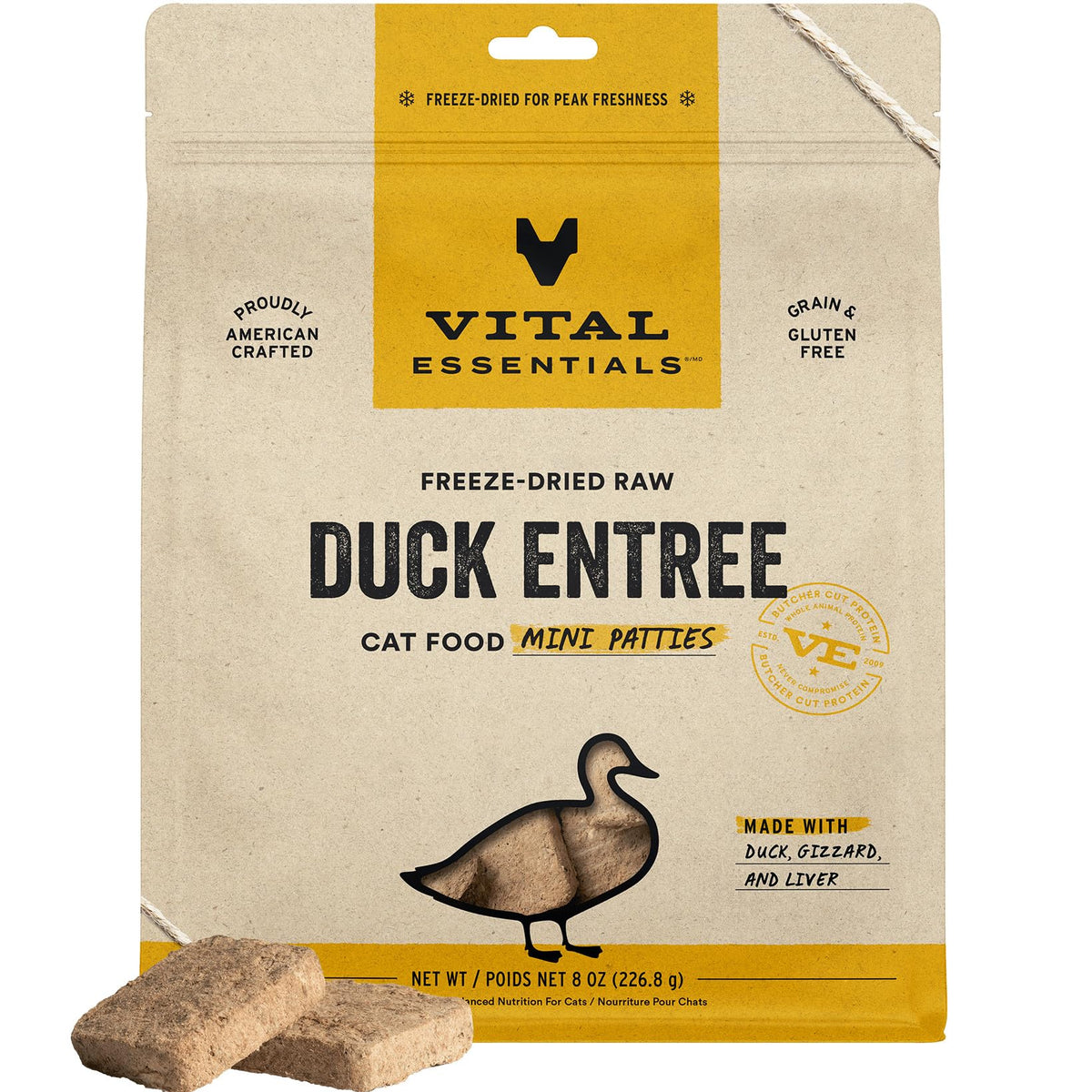 Vital Essentials freeze-dried duck patties packaging enables easy portioning for quick meals
