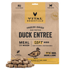 Vital Essentials freeze-dried duck soft nibs bag highlights high-protein cat nutrition
