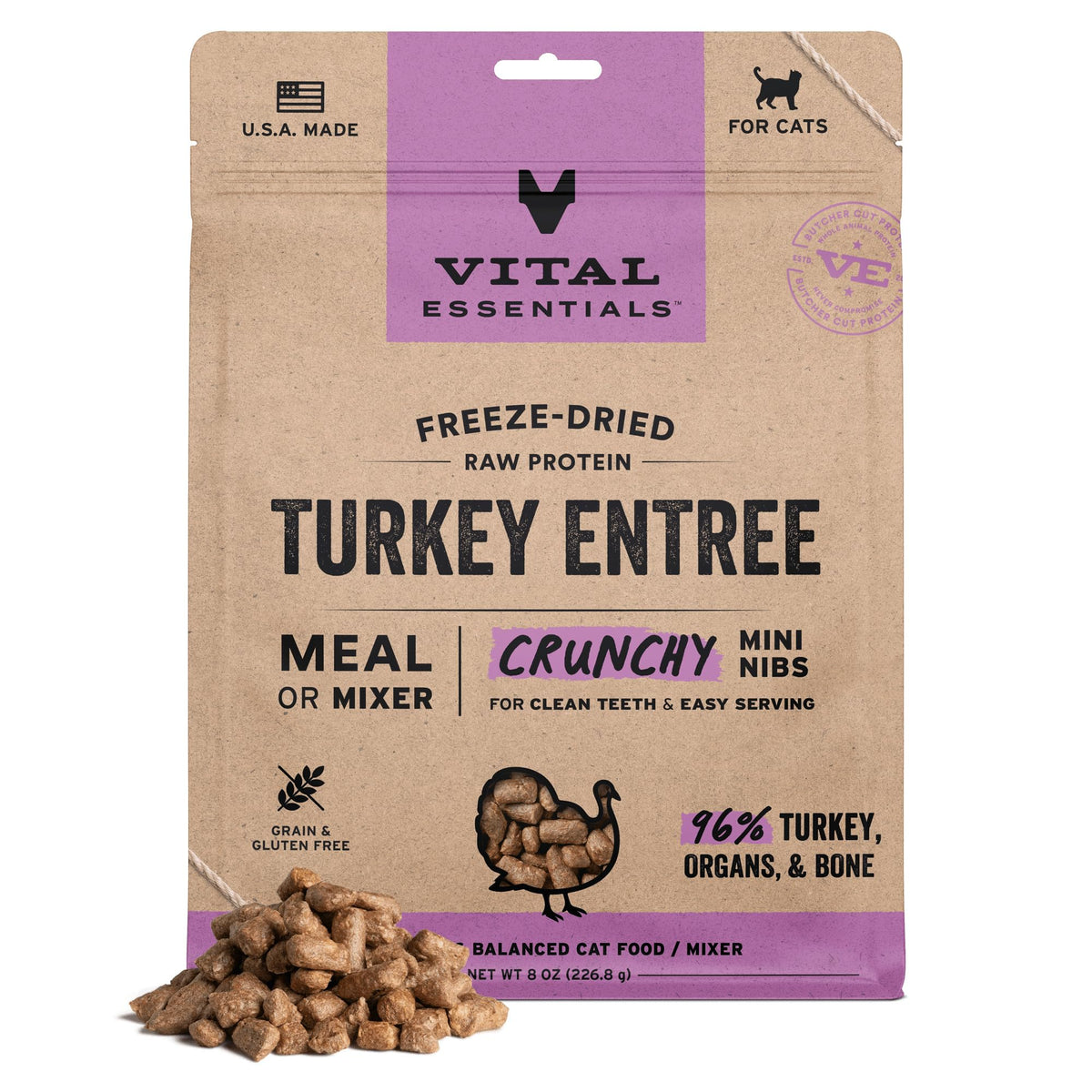 Vital Essentials freeze-dried turkey mini nibs close-up showing a protein-rich bite for meals