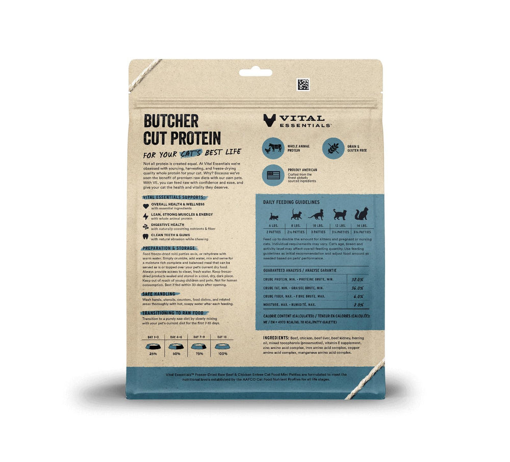 Vital Essentials mini patties close-up highlights premium beef and chicken protein for lean muscle