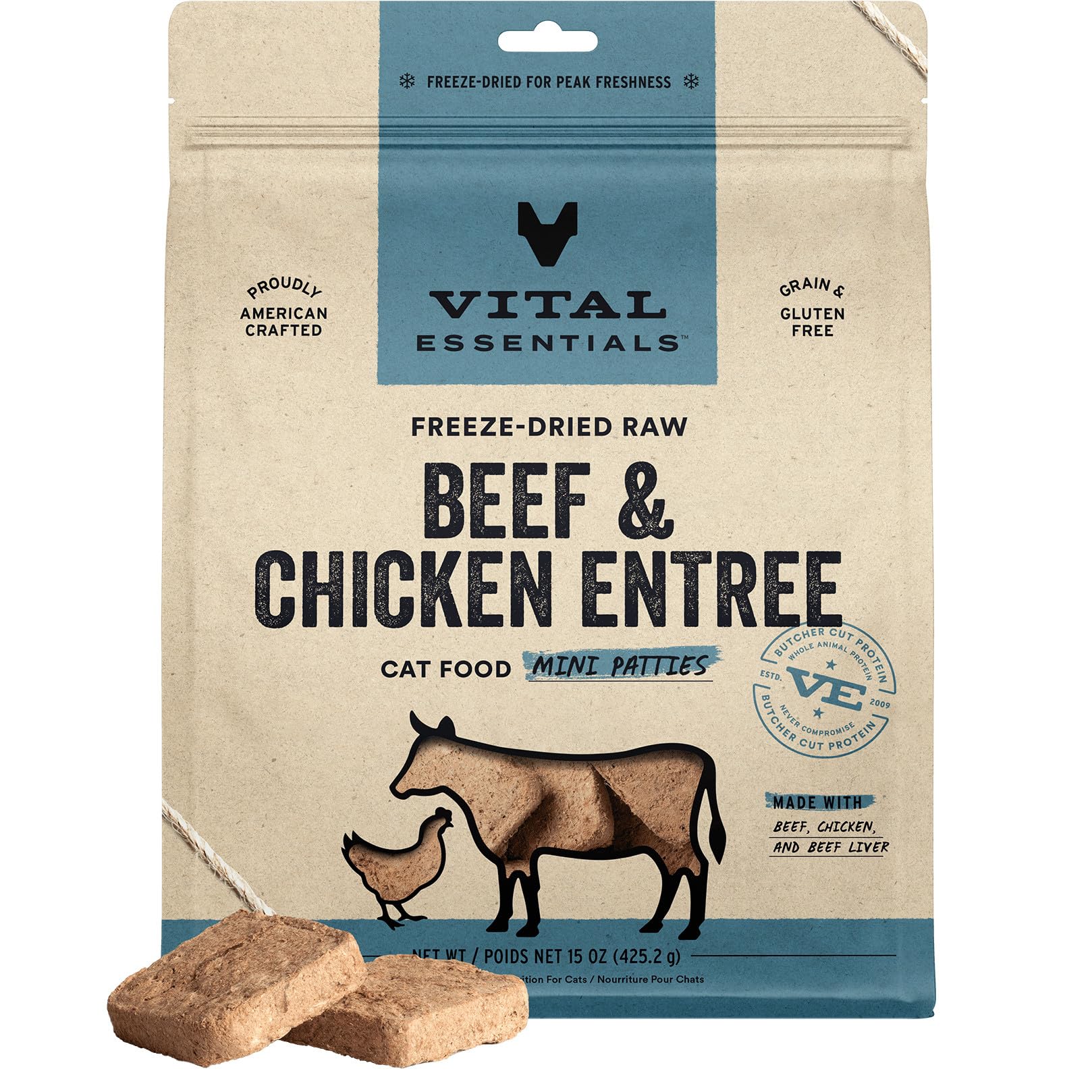 Vital Essentials freeze-dried cat food mini patties pack shows convenient, protein-rich meals