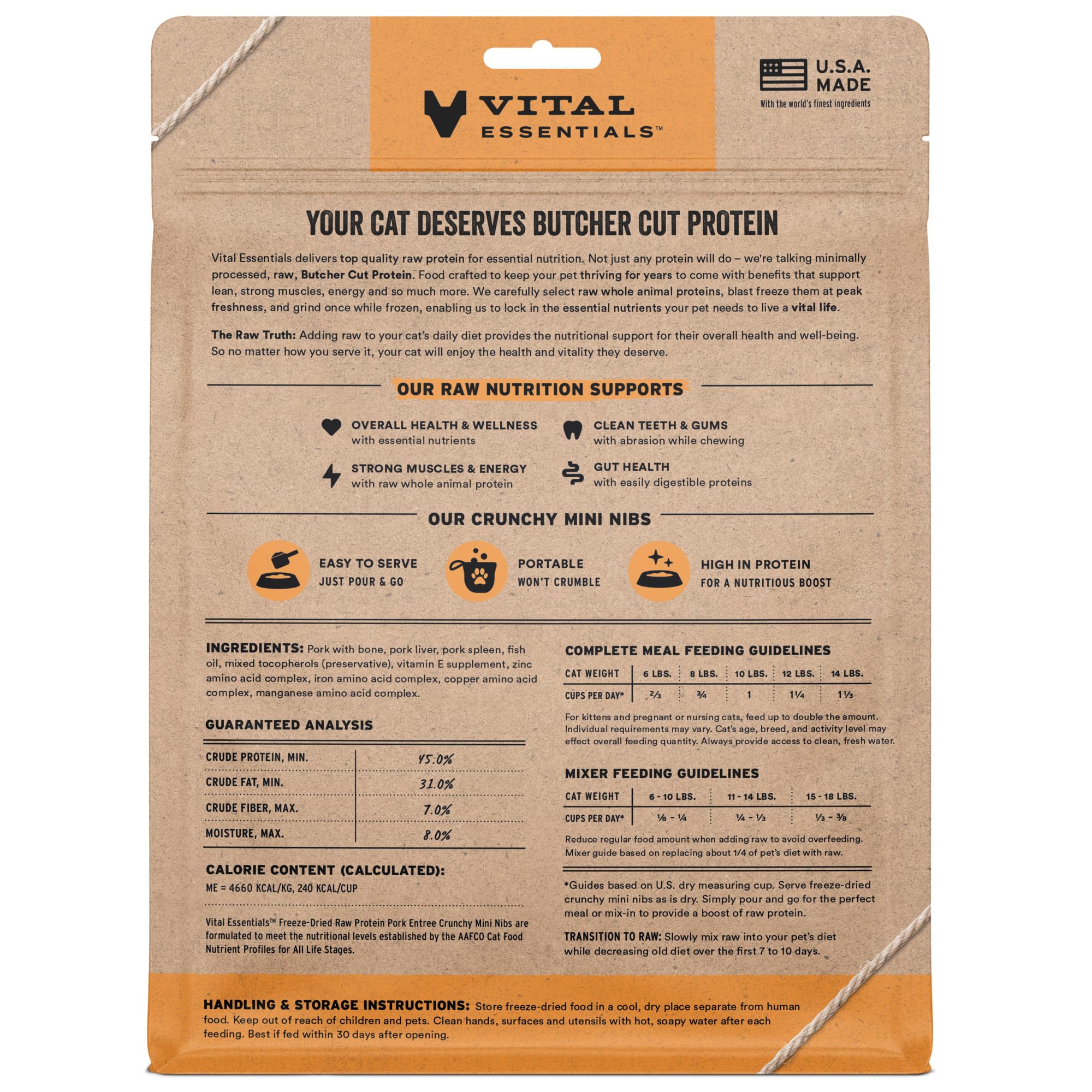 Vital Essentials freeze-dried cat food close-up of pork mini nibs for protein-packed feeding.