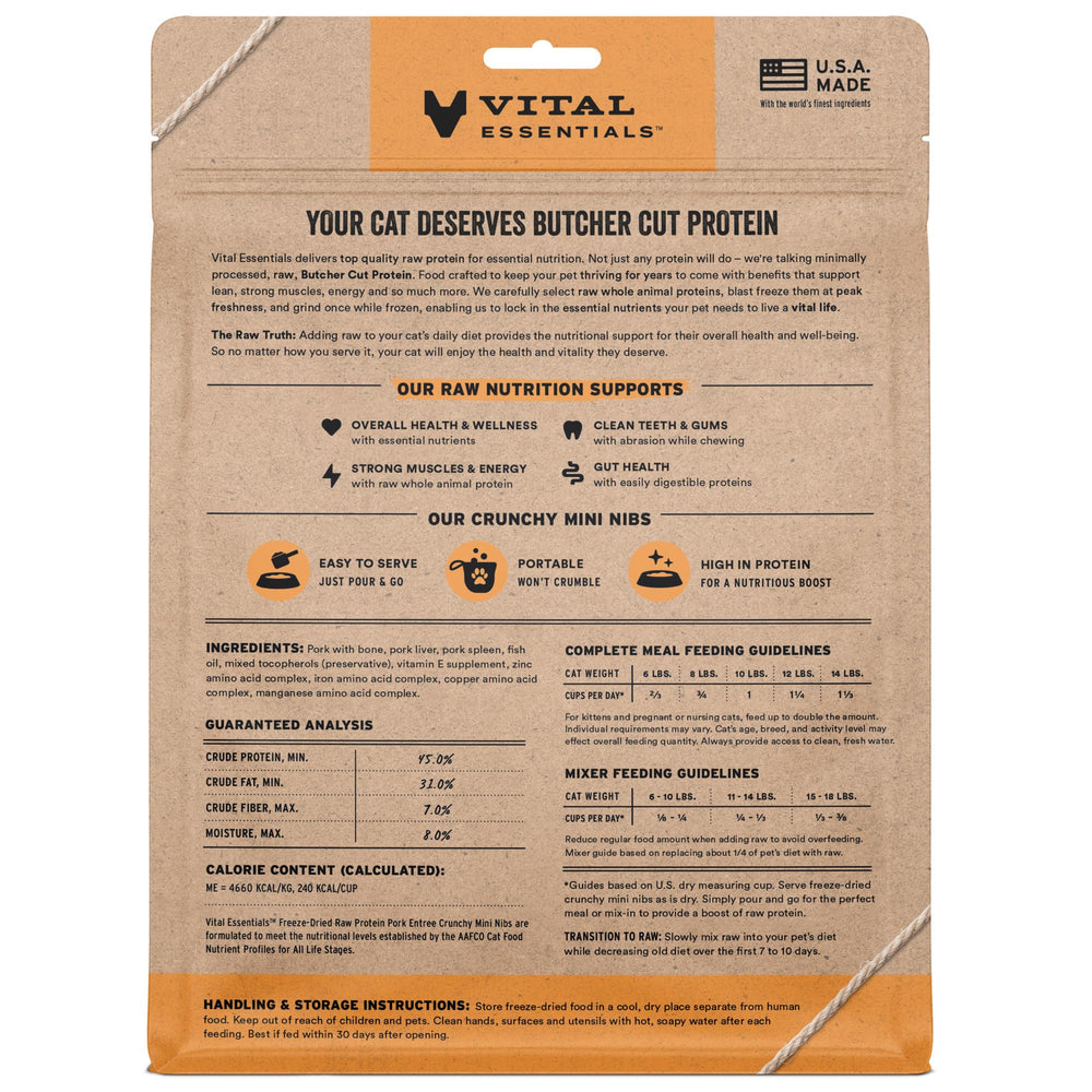 Vital Essentials freeze-dried cat food close-up of pork mini nibs for protein-packed feeding.