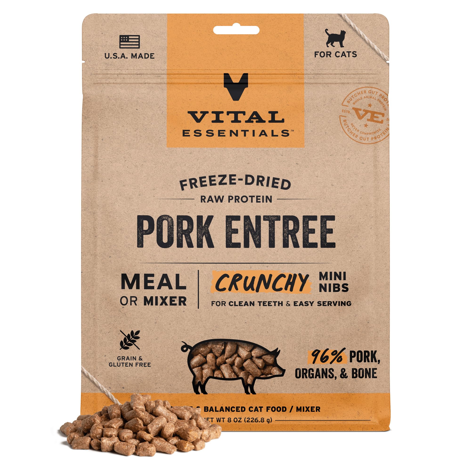 Vital Essentials freeze-dried cat food packaging shows raw pork mini nibs for convenient high-protein meals.