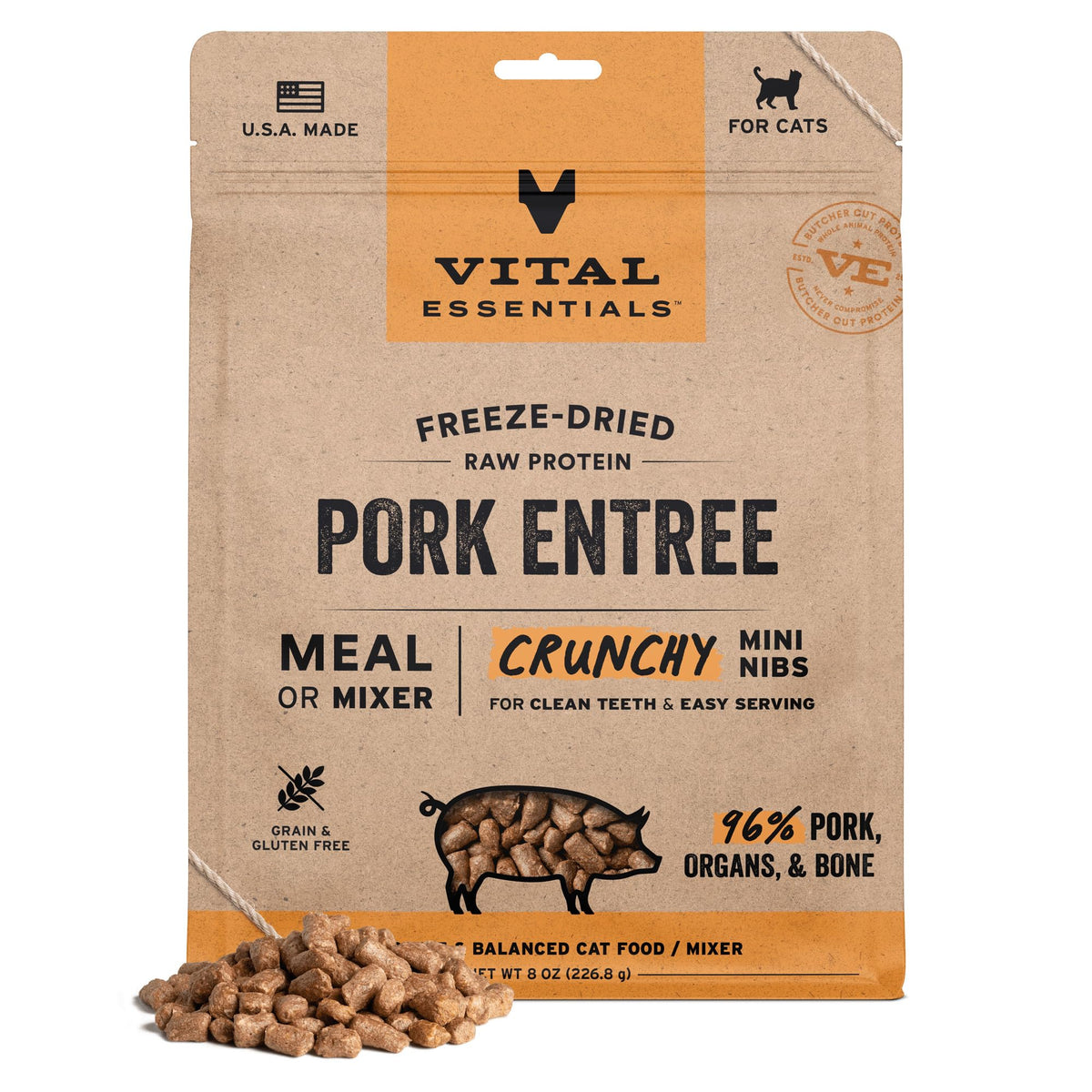 Vital Essentials freeze-dried cat food packaging shows raw pork mini nibs for convenient high-protein meals.