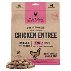 Vital Essentials Freeze Dried Cat Food Soft Nibs chicken packaging showcases premium protein.