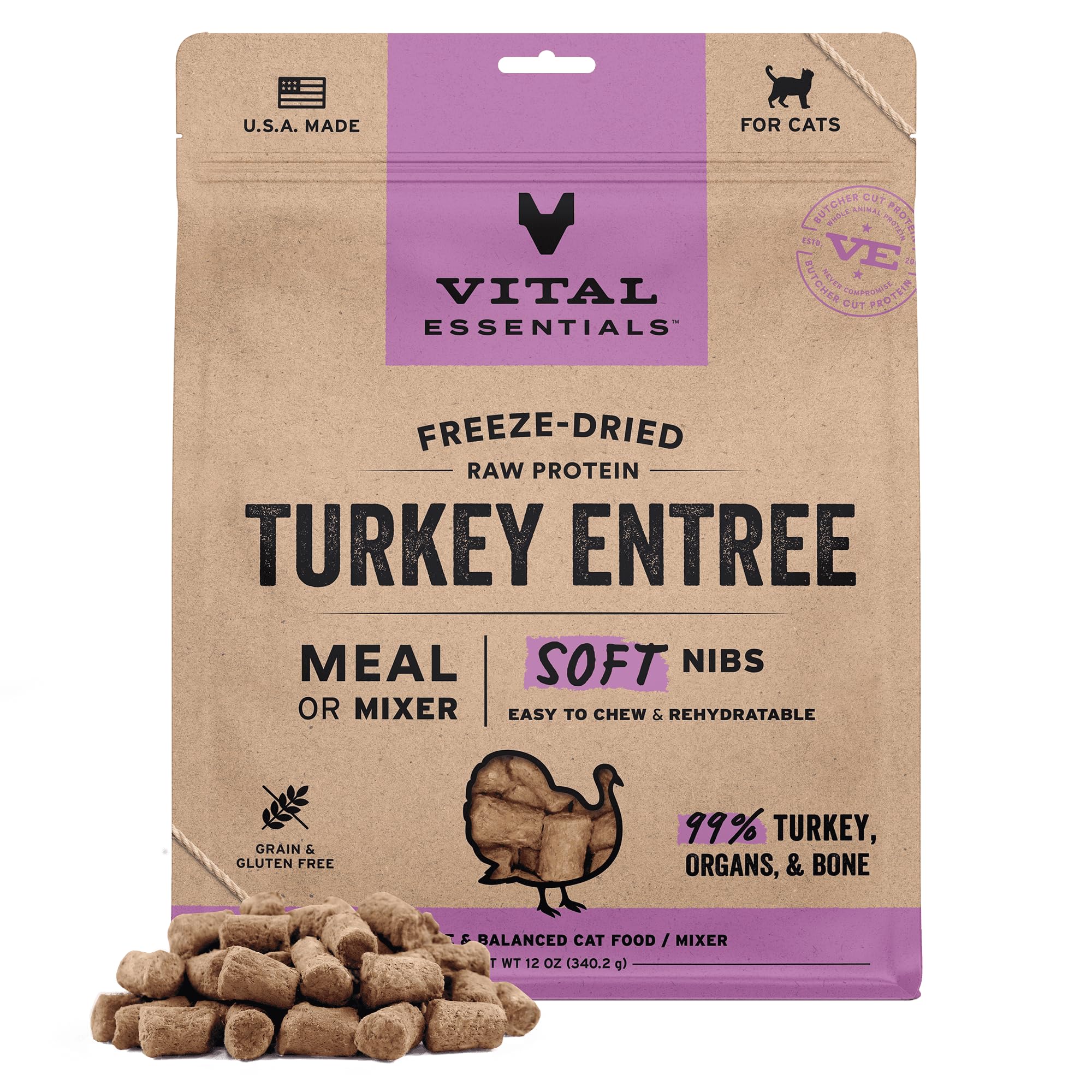 Vital Essentials freeze-dried cat food soft nibs turkey for high-protein bites