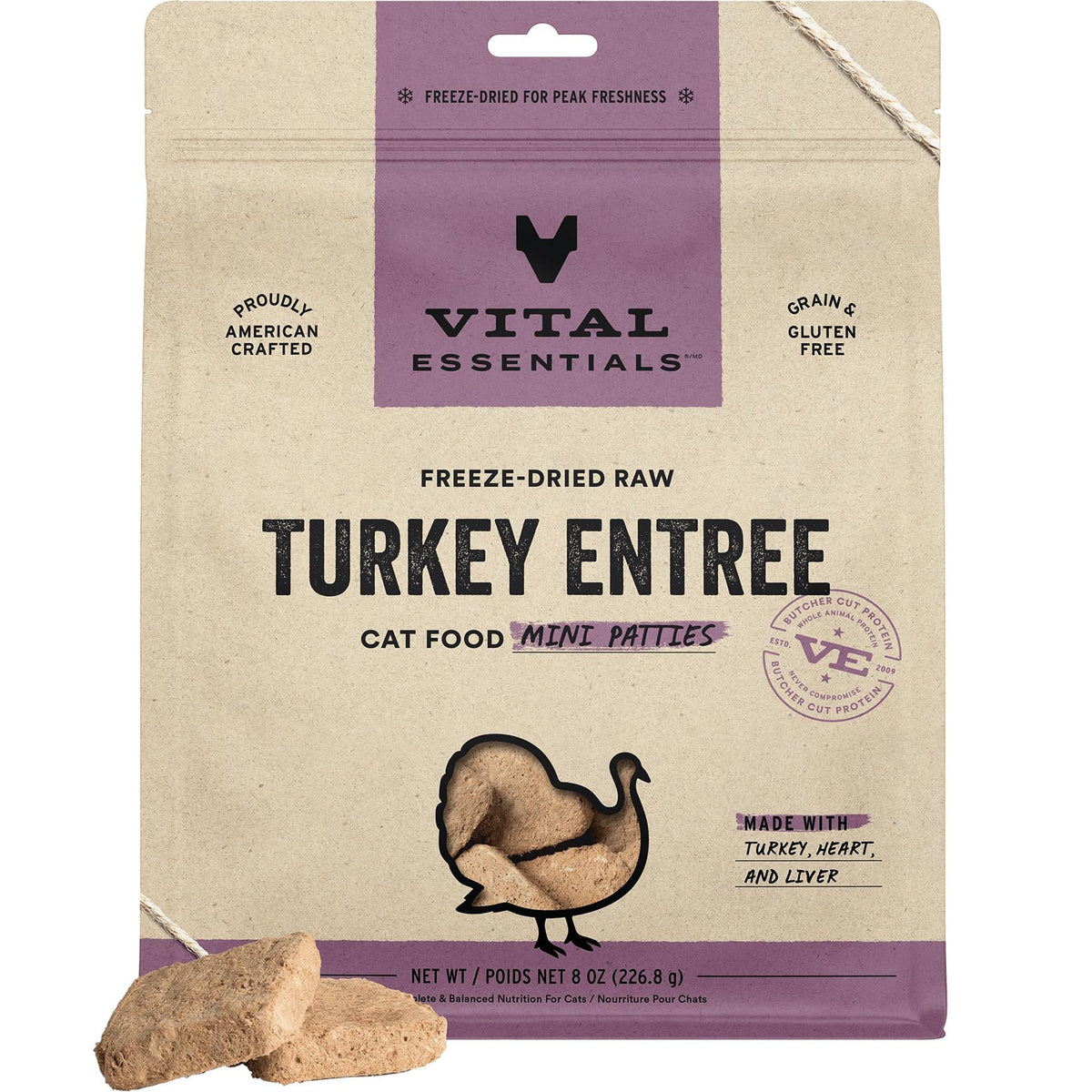 Vital Essentials freeze-dried turkey mini-patties bag showing high protein and convenient feeding.