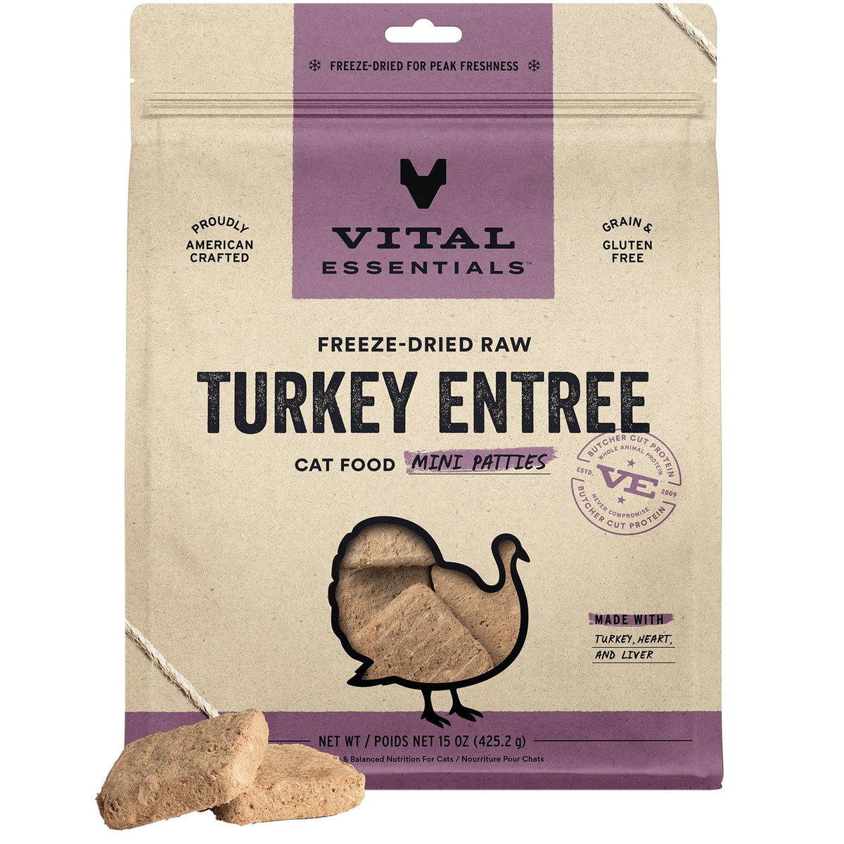 Vital Essentials turkey mini patty close-up showing a high-protein bite for active cats