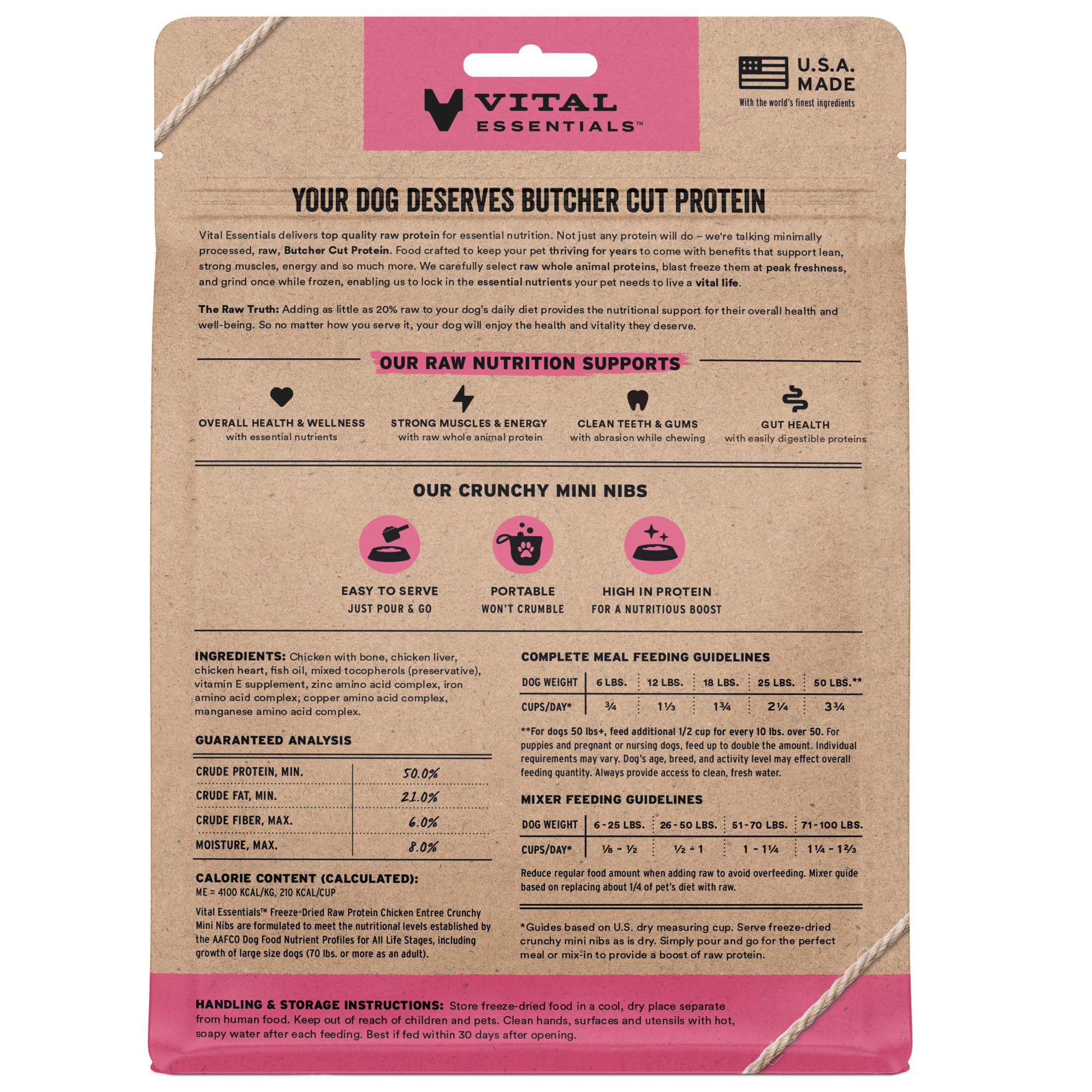 Vital Essentials freeze-dried chicken mini nibs packaging highlighting USA-sourced protein.