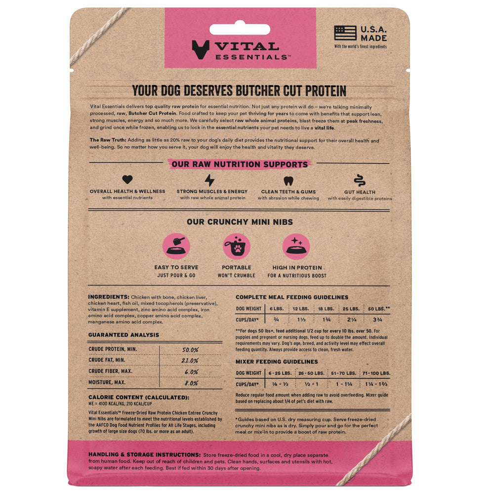 Vital Essentials freeze-dried chicken mini nibs packaging highlighting USA-sourced protein.