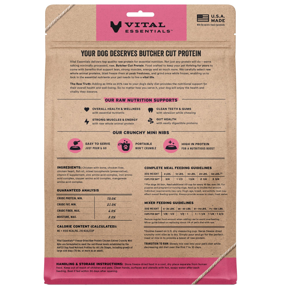 Vital Essentials mini nibs close-up highlighting premium protein for active dogs.