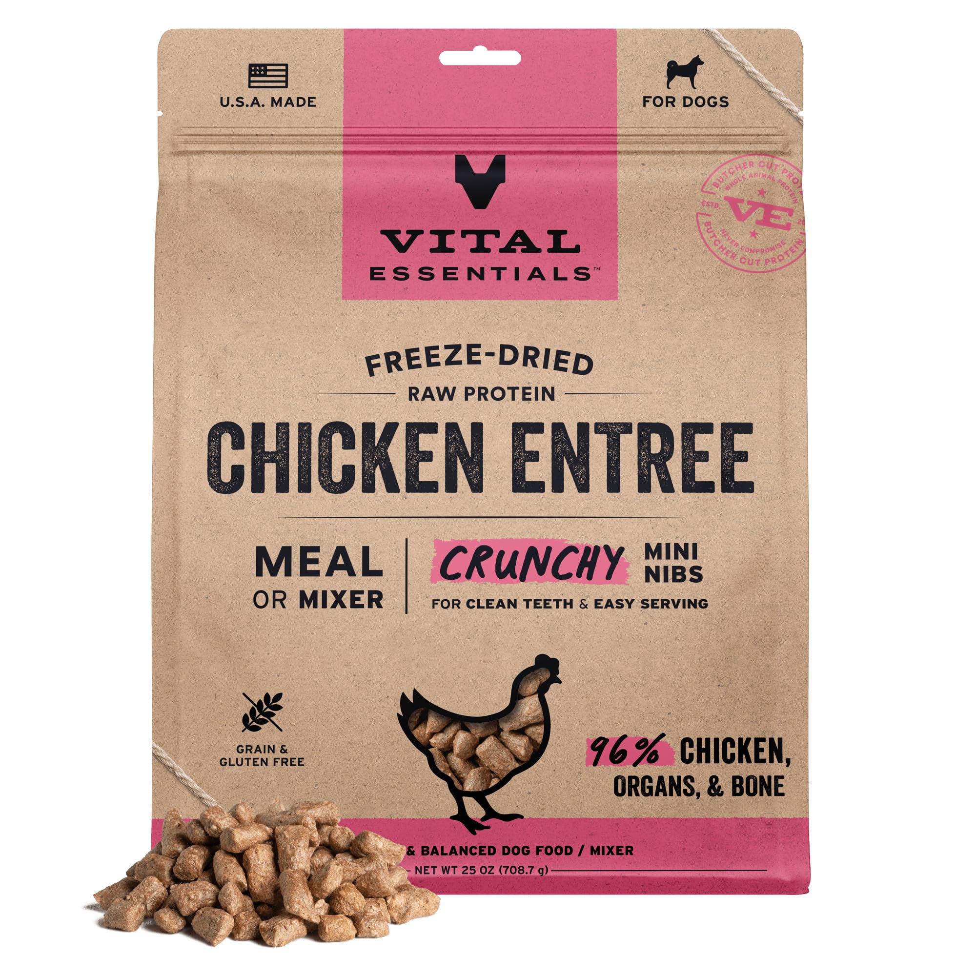 Vital Essentials freeze-dried chicken mini nibs in a bowl support lean muscles and energy.