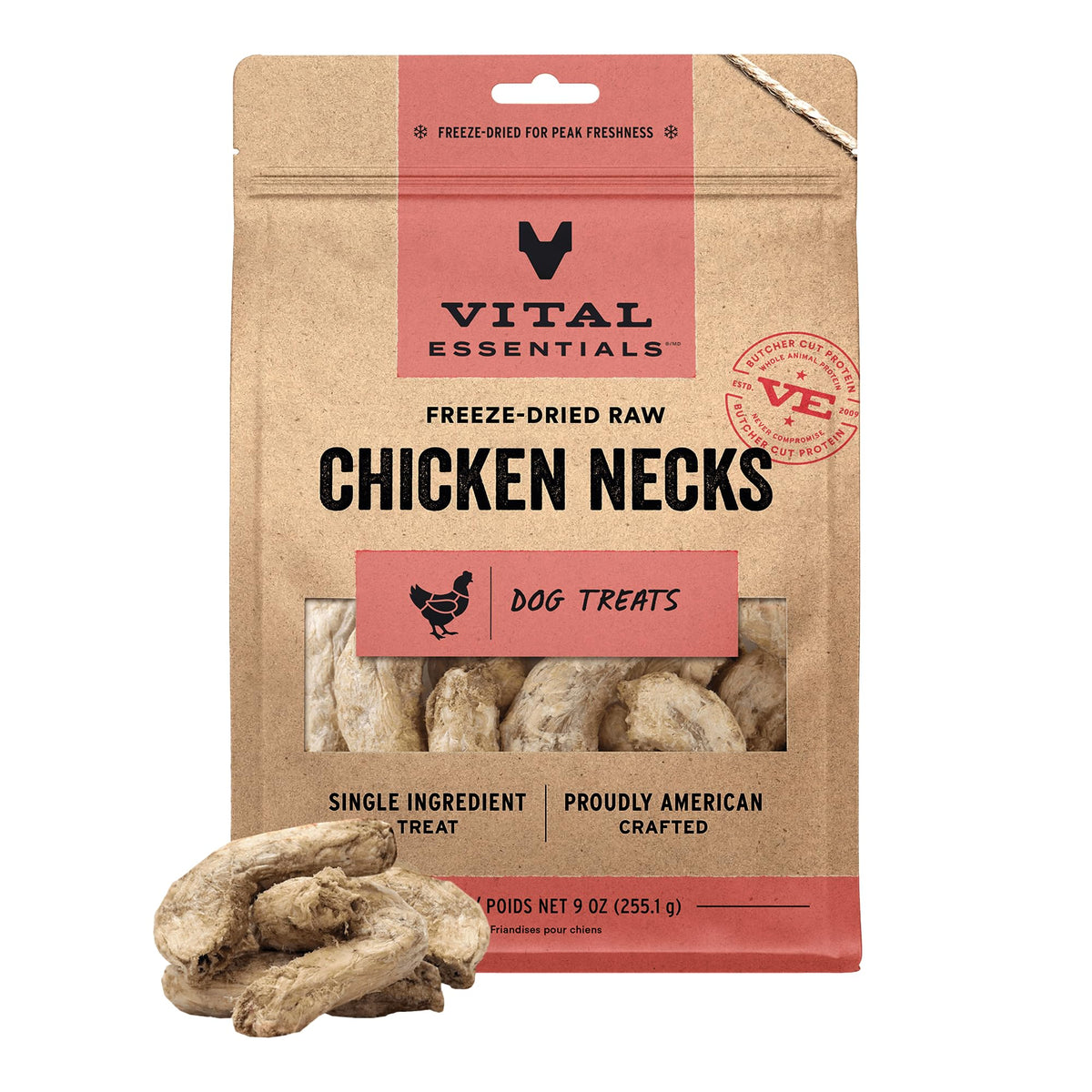 Vital Essentials freeze-dried chicken necks dog treats – high protein snack for active dogs.