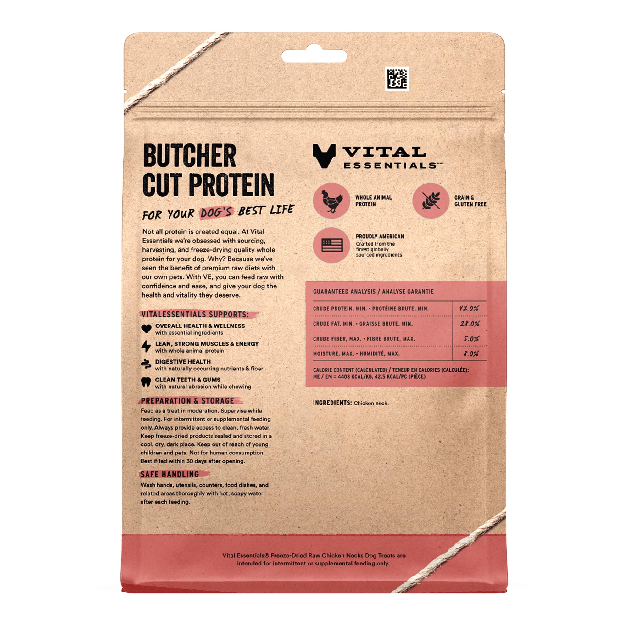 Vital Essentials chicken necks dog treat – natural minerals support bones and teeth.