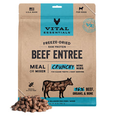 Vital Essentials freeze-dried beef mini nibs in a bowl, high-protein nutrition.