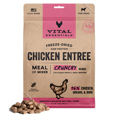 Vital Essentials freeze-dried nibs in bag highlighting premium protein for strong muscles.