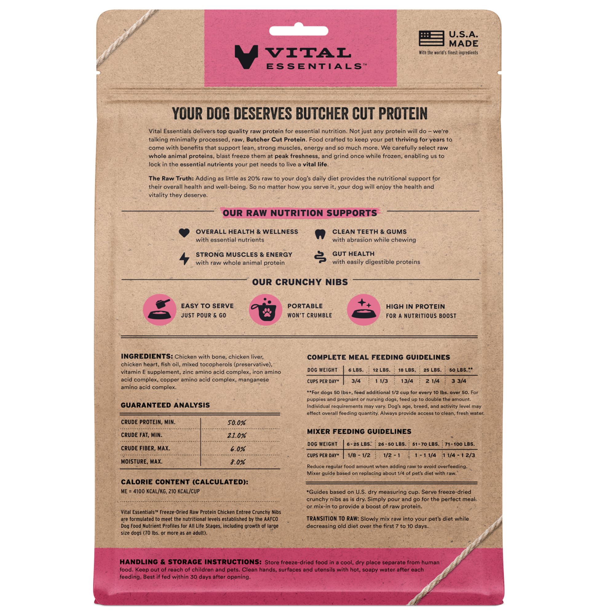 Vital Essentials texture close-up of freeze-dried chicken nibs shows rich meat quality.