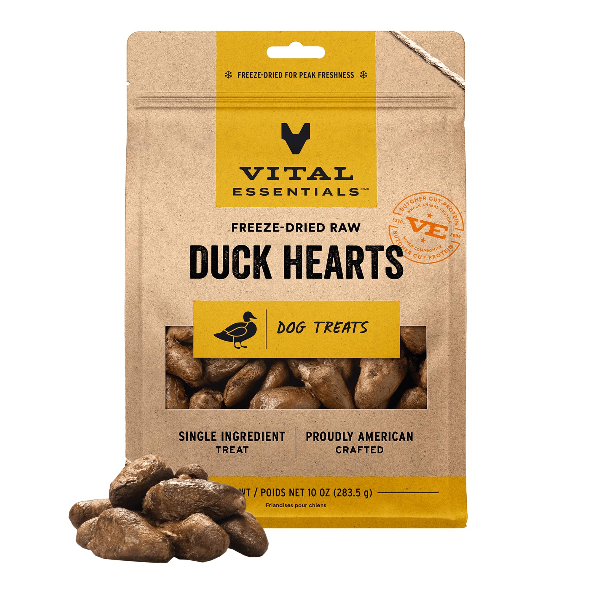 Vital Essentials freeze-dried duck hearts pack shot highlighting single-ingredient protein