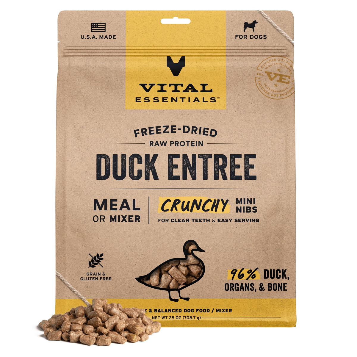 Vital Essentials freeze-dried duck mini nibs bag front; high-protein daily meals.