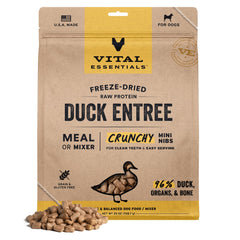 Vital Essentials freeze-dried duck mini nibs bag front; high-protein daily meals.