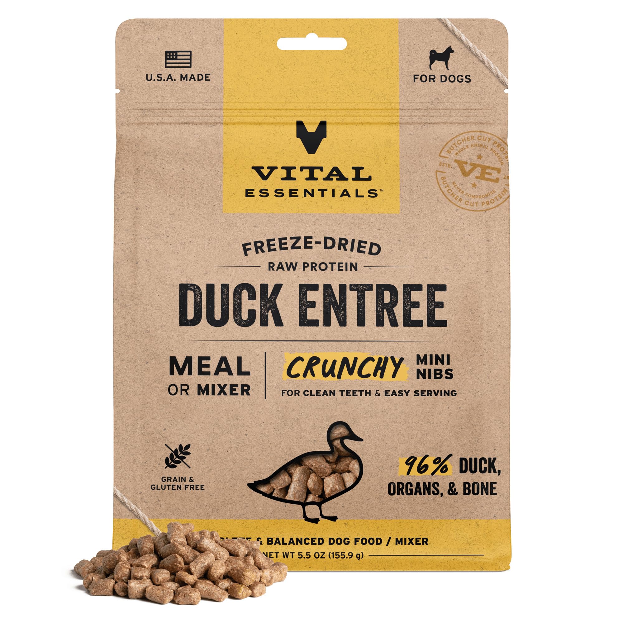 Vital Essentials freeze-dried duck mini nibs in a bowl showing protein-rich meal option
