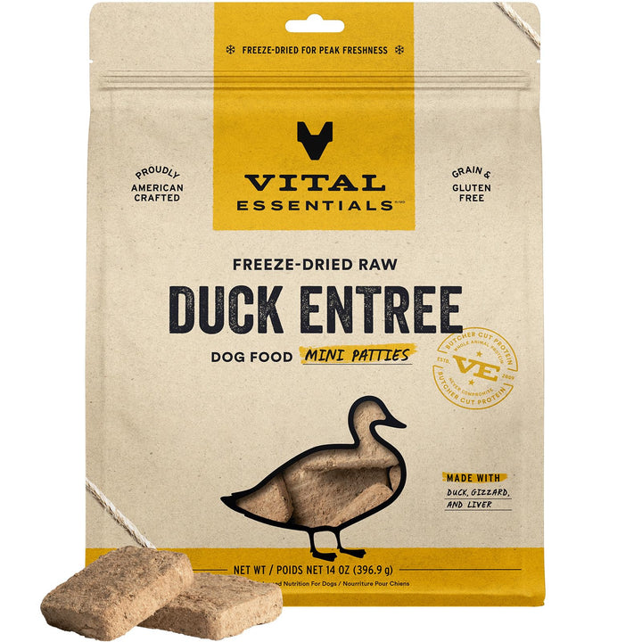 Vital Essentials Freeze Dried Duck Mini Patties packaging highlights premium protein