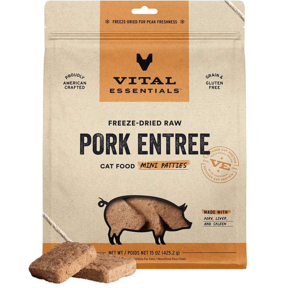 Vital Essentials freeze-dried pork cat food mini patties pack for easy feeding and storage