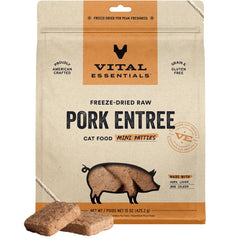 Vital Essentials freeze-dried pork cat food mini patties pack for easy feeding and storage