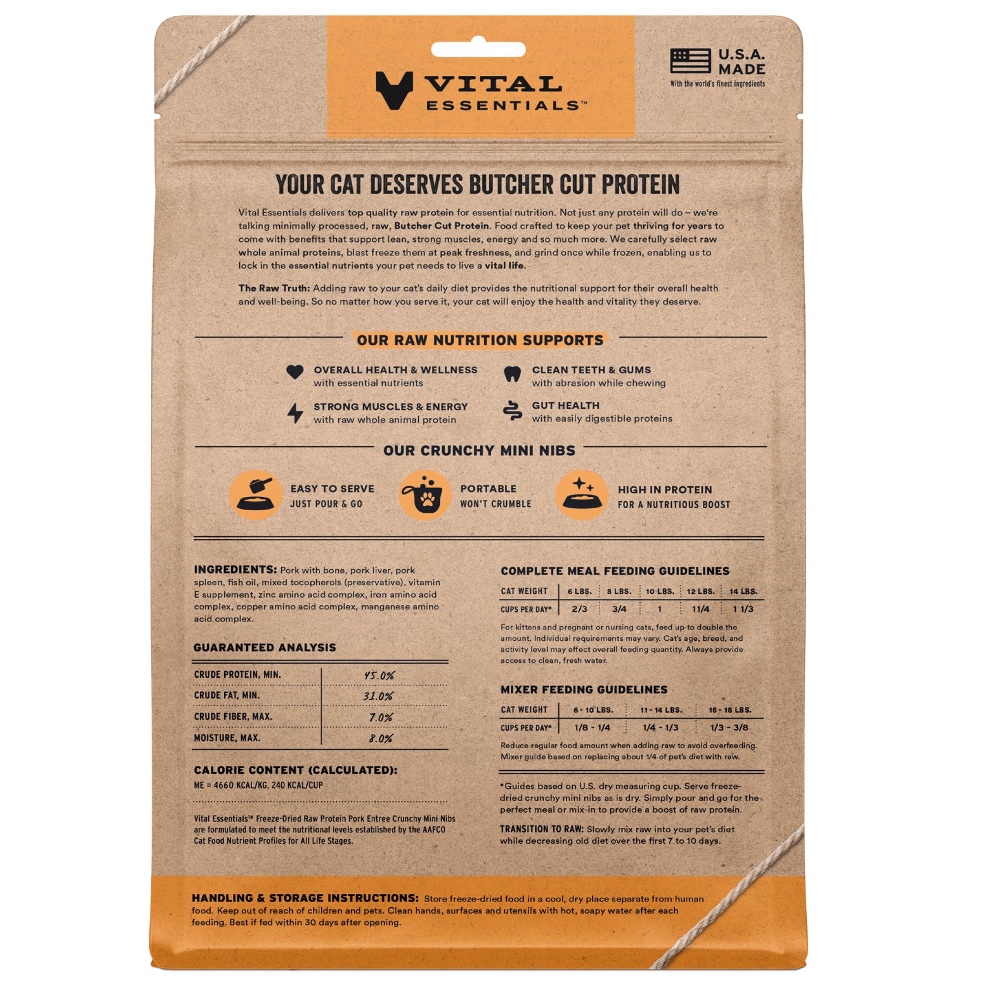 Vital Essentials bag showcases premium freeze-dried pork mini nibs for convenient meals.
